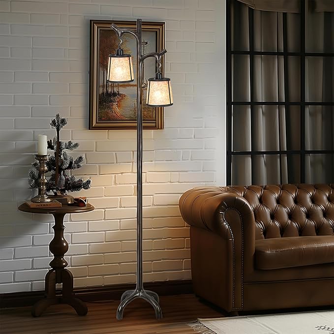 68" Farmhouse Floor Lamp with Mica Shade for Living Room,Modern Industrial Vintage Standing Floor Lamp for Bedroom,Stepless Dimmable Rustic Tree Trunk Tall Lamp for Office,Living Room (Bulb Included)