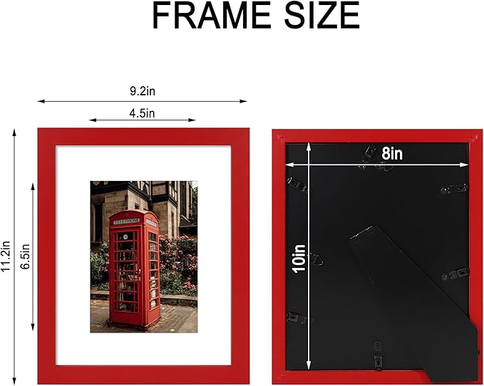 8x10 Picture Frame Set of 4, High Definition Real Glass, Display Pictures 5x7 with Mat or 8x10 Without Mat, Gallery Wall Hanging or Tabletop Photo Frames, Red