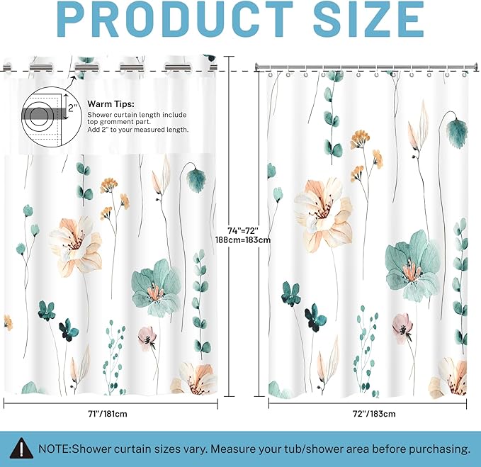 No Hook Shower Curtain with Snap in Liner - Floral Shower Curtain - Fabric Waterproof Inner Liner, Plants Watercolor Teal Flower Modern Cloth Shower Curtains - Machine Washable, 71 x 74