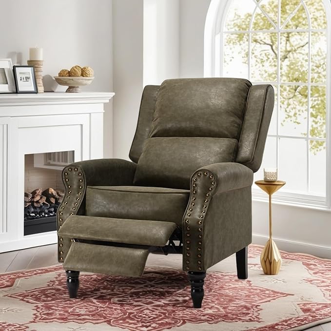 Leather Recliner Chair, Adjustable Backrest Footrest, Pushback Recliner with Overstuffed Arms Lumbar Support for Reading Mid Modern Reclining Chair, Living Room, Green