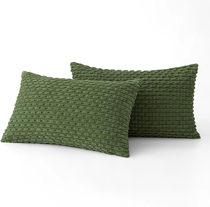 MIULEE Throw Pillow Covers Soft Corduroy Decorative Set of 2 Boho Striped Pillow Covers Pillowcases Farmhouse Home Decor for Couch Bed Sofa Living Room Spring 12x20 Inch Moss Green
