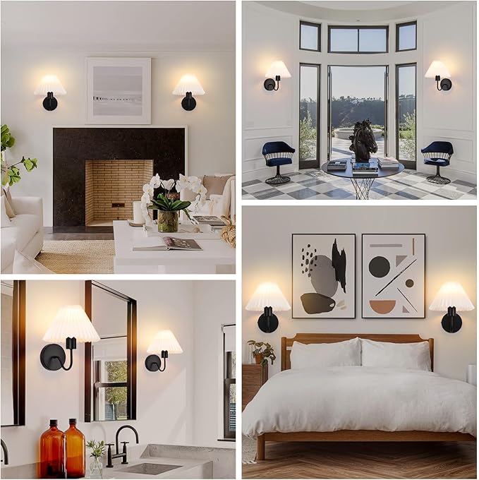 Black Wall Sconces Sets of 2, White Pleated Fabric lampshade, Indoor Gooseneck Wall Lamp Lighting, Bathroom Dresser Hardwired sconces wall decor Fixture for Living Room Bedroom Dining Room Hallway
