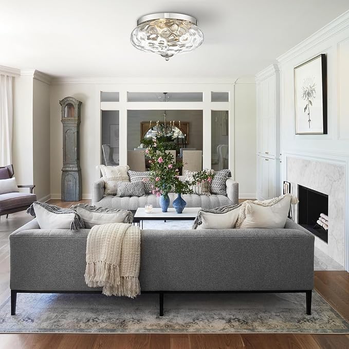 Darkaway Large Ceiling Light Fixtures 3-Ight Flush Mount Indoor Outdoor Ceiling Light with Water ipple Glass Shade for Kitchen Bedroom Living Room Dining Room Entry Porch Nickel Finish