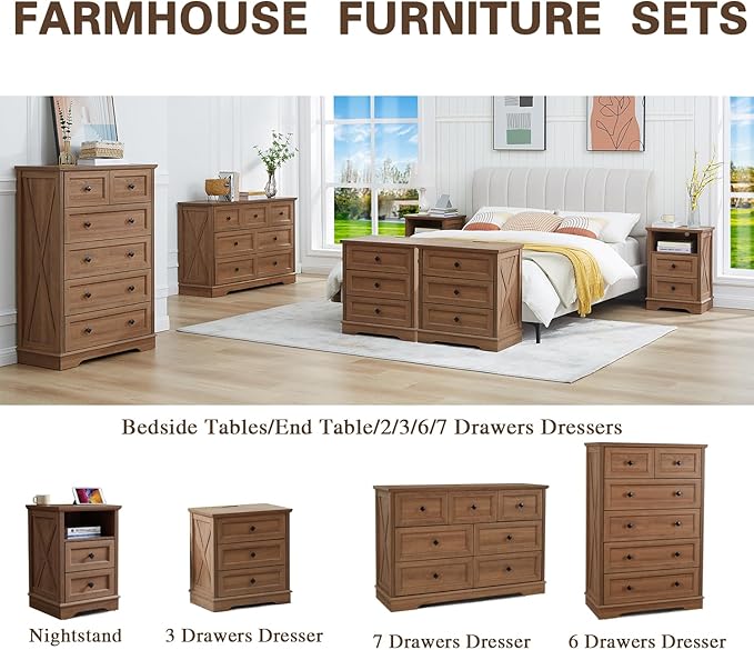 Farmhouse 6 Drawers Dresser Chests for Bedroom, Rustic 6 Chest of Drawers, Wood Dressers Organizer for Closet, Modern Storage Organizer Cabinet for Living Room, Hallway, Entryway, Natural Oak