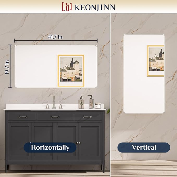 Keonjinn 42 x 20 Inch Brushed Nickel Bathroom Mirrors for Over Sink, Rounded Rectangle Silver Bathroom Vanity Mirror, Metal Framed Farmhouse Mirror for Wall, HD Tempered Glass(Horizontal/Vertical)