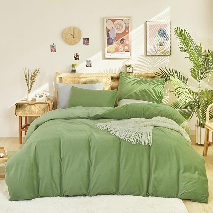 Sage Velvet Comforter Set Full Light Green Fluffy Flannel Bedding Set Winter Plush Blanket Quilts Soft Thick Warm Grass Green Comforter Set for Women Men Full Bed
