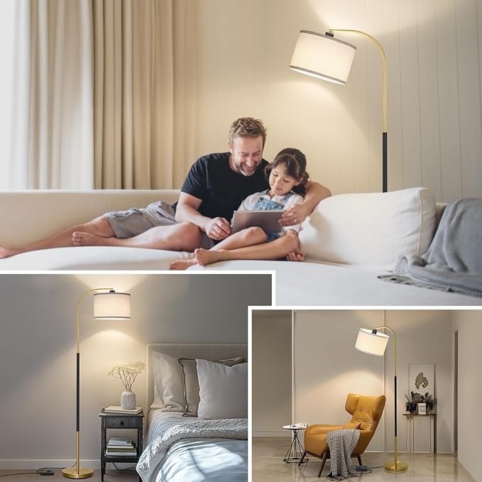 Dimmable Floor Lamp for Living Room, Arc Floor Lamps with Adjustable Drum Shade Pedal Switch, Black and Gold Tall Standing Lamp with 9W LED Bulb, Modern Reading Light Pole Lamp for Bedroom, Office