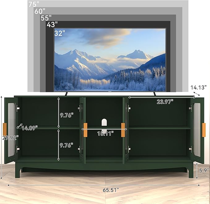 65 Inch Green TV Stand for TVs up to 70+ inch, Mid Century Modern Glass Door TV Console Table, Entertainment Center with Storage Cabinet, Wood Media Console for Bedroom, Living Room (Green)