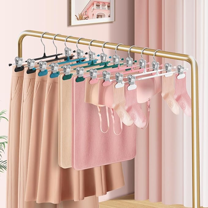 Clothes Pants Hangers with Wide Clips 20 Pack,Non-Slip Adjustable Skirt Hanger for Women,Space-Saving Heavy Duty Men Hangers for Pants,Trousers,Jeans,Shorts 12Inch Pink