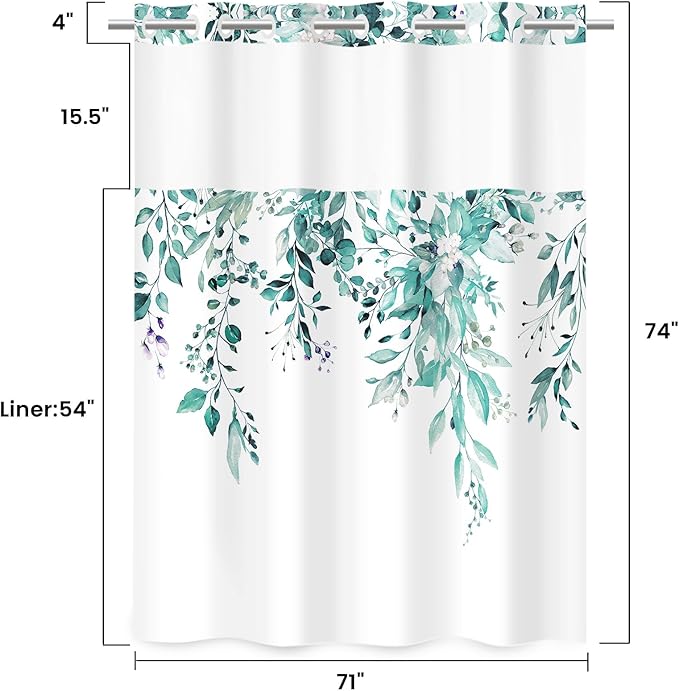 No Hook Shower Curtain with Snap in Liner - Eucalyptus Shower Curtain - Washable Waterproof Inner Liner, Plants Seaweed Green Leaves Modern Shower Curtains - Machine Washable, 71 x 74