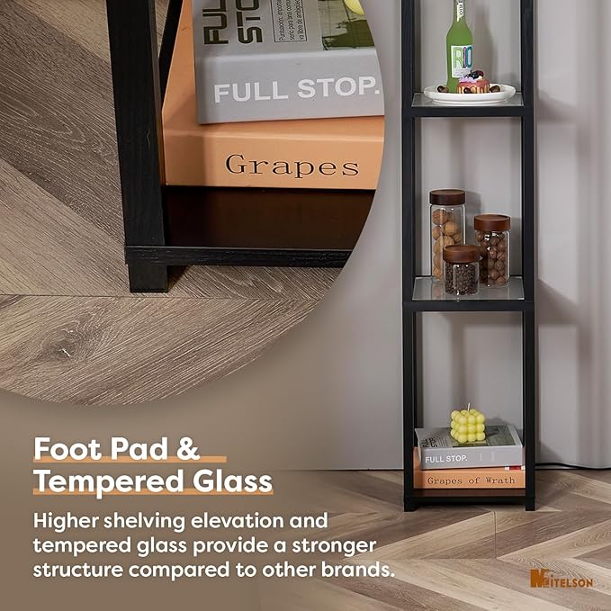 Floor Lamp with Shelves, Modern Square Standing Lamp with Glass Shelves, Corner Display Shelf with Light, Tall Lamp with Shelves for Living Room, Bedroom, Office, Bookshelf, Black