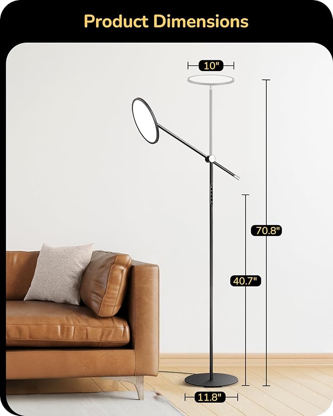 EDISHINE LED Floor Lamp for Reading, 1600LM Bright Dimmable Lamp with Type-C Port, Head & Arm Rotating, 3000K-6000K Tall Modern Minimalist Standing Light for Living Room, Bedroom, Office, Black