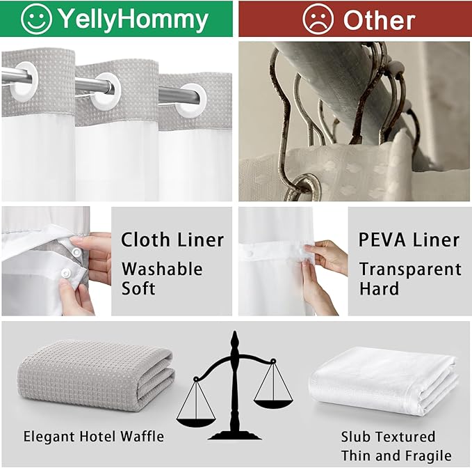 YellyHommy No Hook Shower Curtain with Snap in Liner Set Less Time Light Gray Waffle Shower Curtain for Bathroom 87" L x 72" W Light Grey