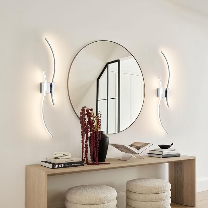 Battery Operated Wall Sconces Set of Two with Remote Control, Stepless Colors 3000K-6000K & Dimming, LED Chrome Wireless Wall Light for Living Room, Hallway, Bedroom, 39.3 Inch (2 Pack)