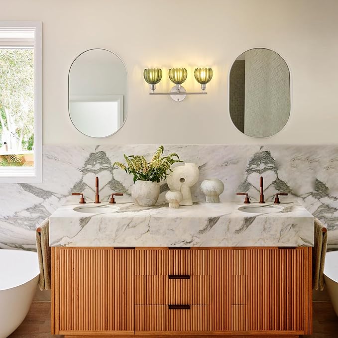 Bathroom Light Fixtures, 3-Light Vanity Wall Light Over Mirror with Green Tulip Glass Shade for Bedroom Living Room, Satin Nickel