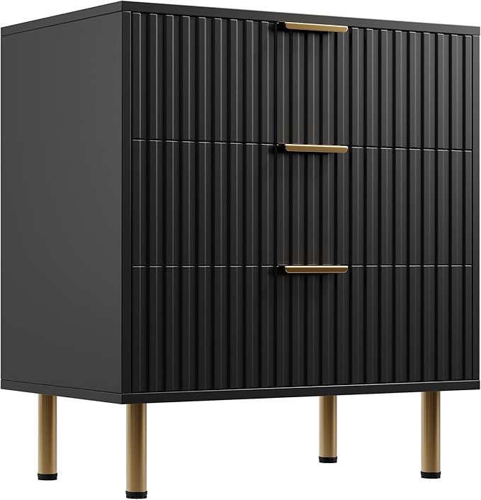 3 Drawer Dresser for Bedroom, Fluted Modern Nightstand with Deep Drawers, Chest of Drawers with Wide Top, Wooden Dresser Organizer, Side Table for Living Room, Hallway, Kids Room, Black