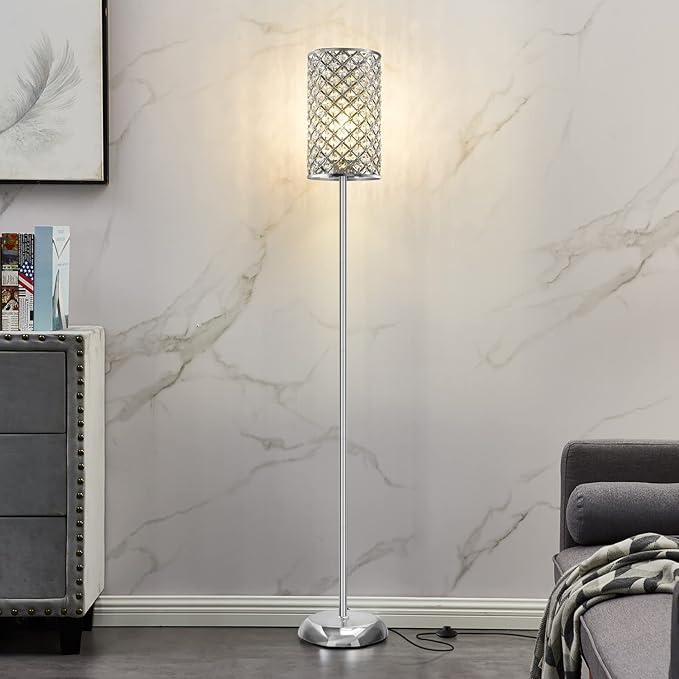GyroVu Crystal Floor Lamp, Elegant Standing Lamp Modern Floor Lamp Silver Finish Tall Pole Lamp Accent Light with On/Off Foot Switch for Living Room, Girl Bedroom, Dresser, Office