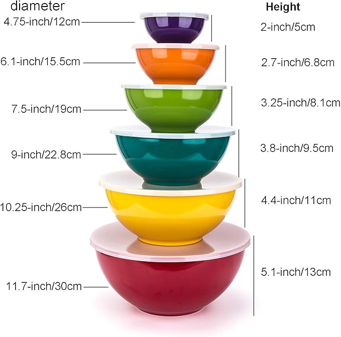 KX-WARE Melamine Mixing Bowls with Lids - 6 Piece Melamine Bowls and 6 Piece Plastic Lids, Multicolor