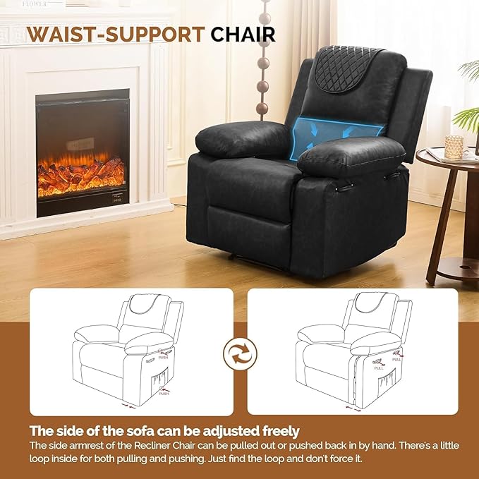 Recliner Chair with Electric Massage Adjustable Footrest & Heat, Manual Leather Recline for Adults Living Room Remote Control (Black)