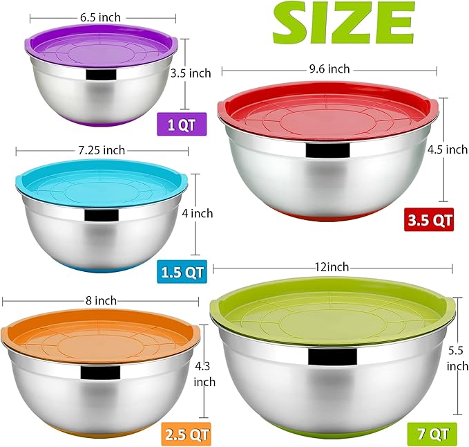 P&P CHEF Mixing Bowls with Lids Set of 5, Stainless Steel Nesting Salad Bowl with Lid & Base for Non-slip Mixing Prepping Storing Serving, 5 Sizes-7/3.5/2.5/1.5/1 QT, Multicolor