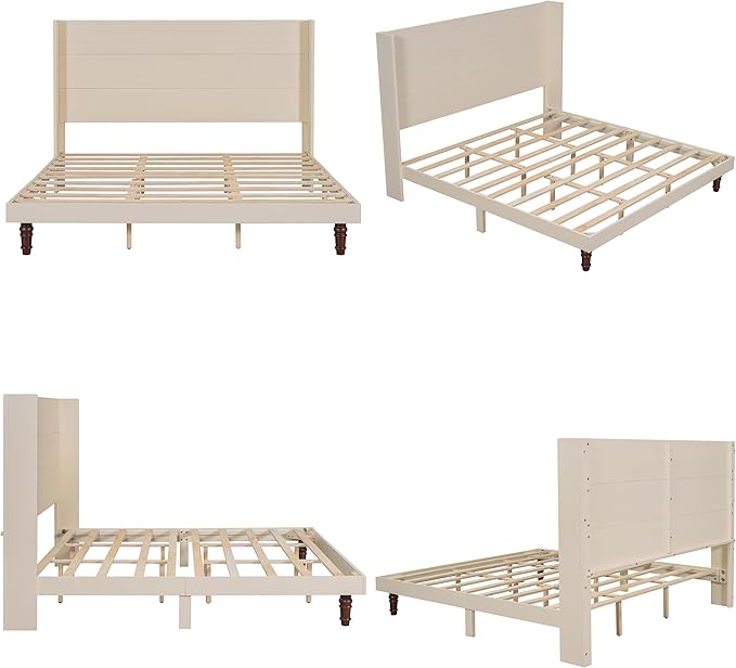 GDFStudio Tall Headboard King Size Bed,Platform Bed Frame with High Back,Wooden Slat Mattress Support No Box Spring Needed Easy Assembly Minimalist Designs 54" H Beige