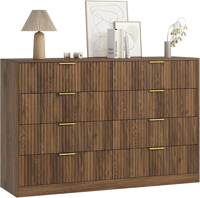 8 Drawer Dresser for Bedroom, Modern Fluted Double Dresser, 55" Wide Chest of Dressers, Mid Century Wooden Beside Table for Closet, Living Room and Entryway, Natural
