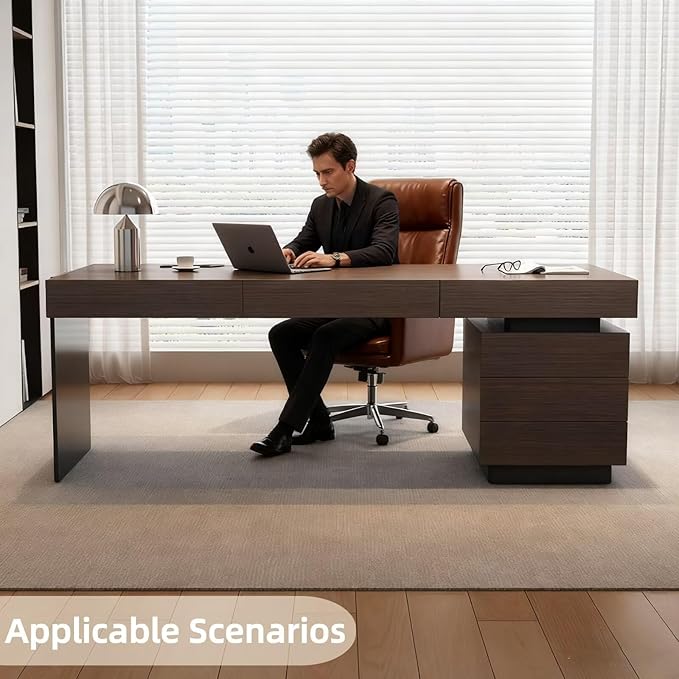 Modern Executive Desk with Drawers 62.99IN(Storage Base)(Wooden Texture) Home Office Desks Include Multi-Function Socket,Large Desktop
