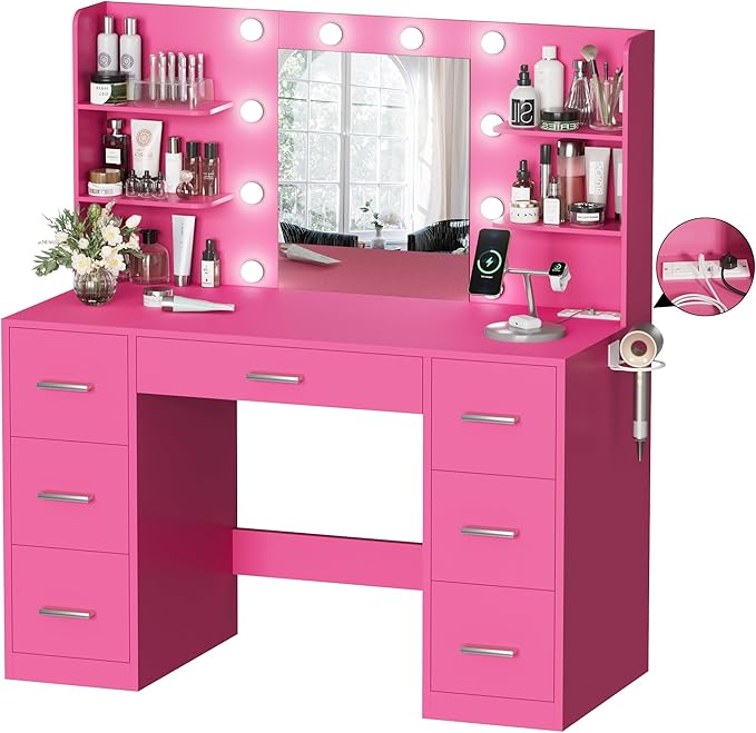 YESHOMY Vanity Desk with Mirror, Power Outlet and 10 Lights, Makeup Table with 7 Drawers, 3 Color Modes Available for Bedroom, Rose Red