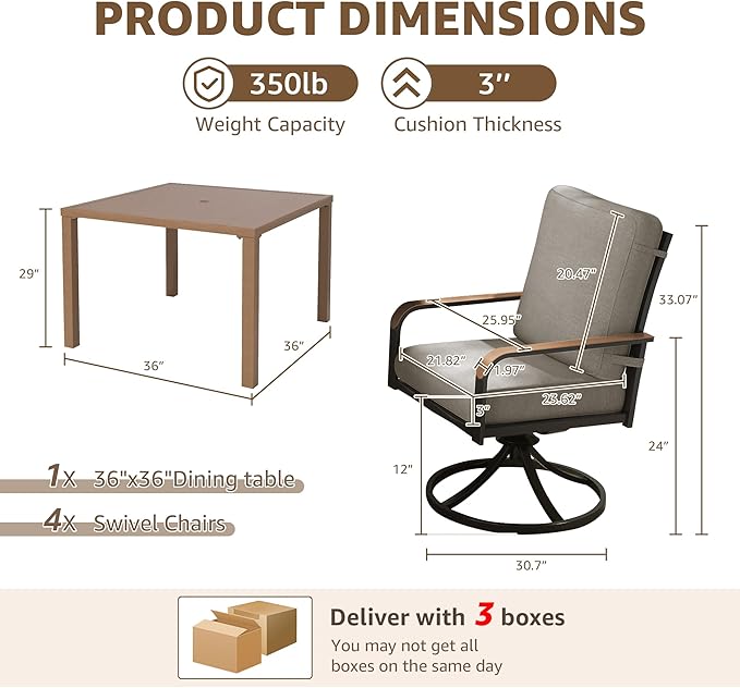 NATURAL EXPRESSIONS 5 Piece Outdoor Patio Dining Sets, 4pcs Swivel Dining Chairs & Square Woodgrain Dining Table with 1.65”Umbrella Hole for Lawn, Garden, Deck, Backyard and Porch