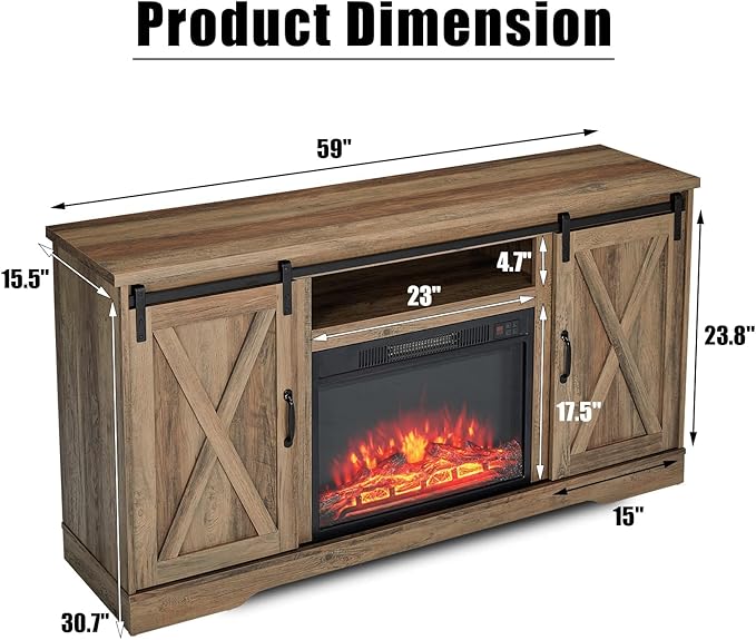 AMERLIFE Fireplace TV Stand with Sliding Barn Door for TVs up to 65", Farmhouse 59" Fireplace Entertainment Center with Storage Cabinets/Adjustable Shelves, Dark Walnut