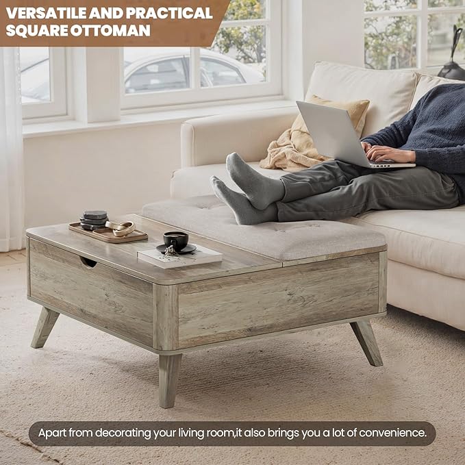VOPEAK Lift Top Coffee Table with Storage, Large Square Coffee Table with Thickened Cushion, Family Gathering Center Table, Modern Wooden Coffee Tables for Living Room, Solid Wood Legs, Gray