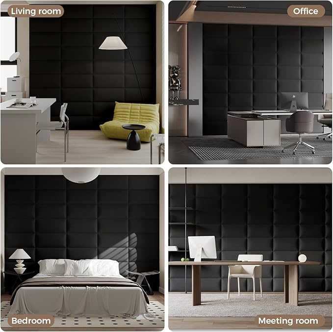 Compact Black Linen Wall-Mounted Headboard 24x12 Inch 6-Panel Kit - Space-Saving Design for Queen Beds, Non-Damaging Installation
