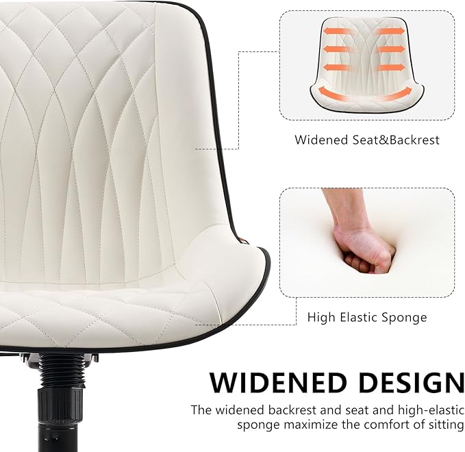 YOUNIKE White Ergonomic Home Office Desk Chair No Arms Comfy Small Criss Cross Chair with Wheels Swivel Adjustable Modern Vanity Chair with Back Armless Cute Leather Upholstered Rolling Task Chair