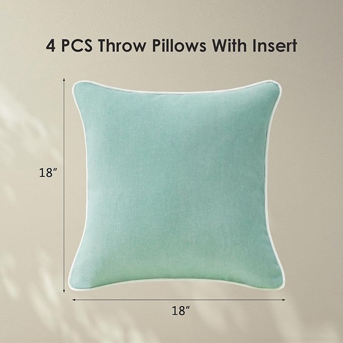 Decorative Outdoor Water Repellent Throw Pillows with Inserts, Set of 4, 18" x18" Pillows for Patio, Backyard, Bed, Couch, and Patio Furniture, Aqua Green