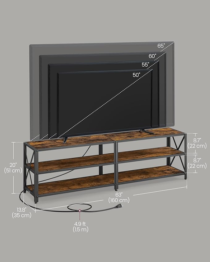 VASAGLE TV Stand with Power Outlets and LED Lights, for TVs up to 65 Inches, Entertainment Center with Open Storage Shelves, TV Console Table for Living Room, Rustic Brown and Ink Black ULTV118K01
