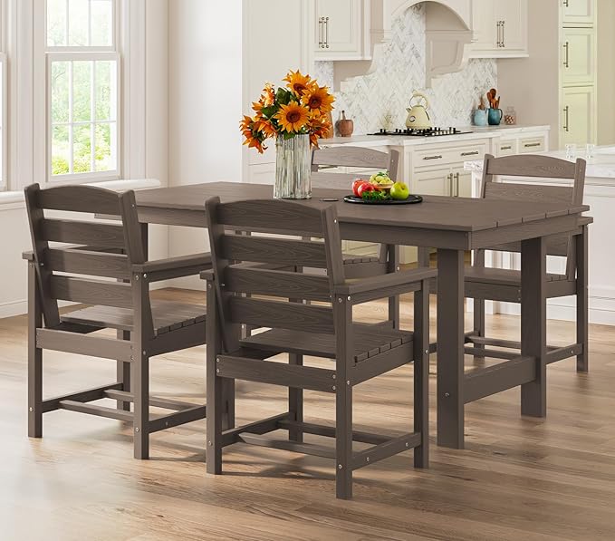 SERWALL Outdoor Dining Sets for 4, Outdoor HDPE Dining Furniture Set with Umbrella Hole Cut-Out Table and 4 Chairs, All Weather Dining Set, Coffee