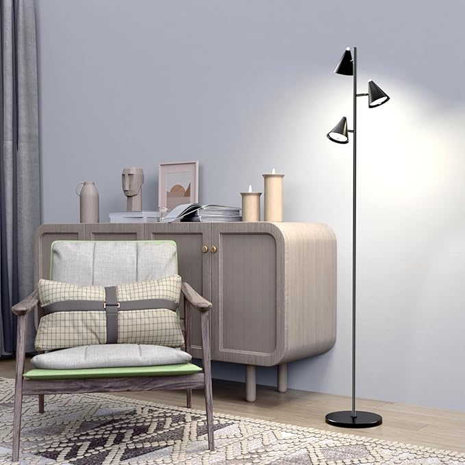 Floor Lamp 3 LED Lights Simple Design Tall Standing Rotatable Dimmable Lighting with Magnetic Remote Control for Bedroom Reading Room Office 5 Color Temperatures 6500K 63"