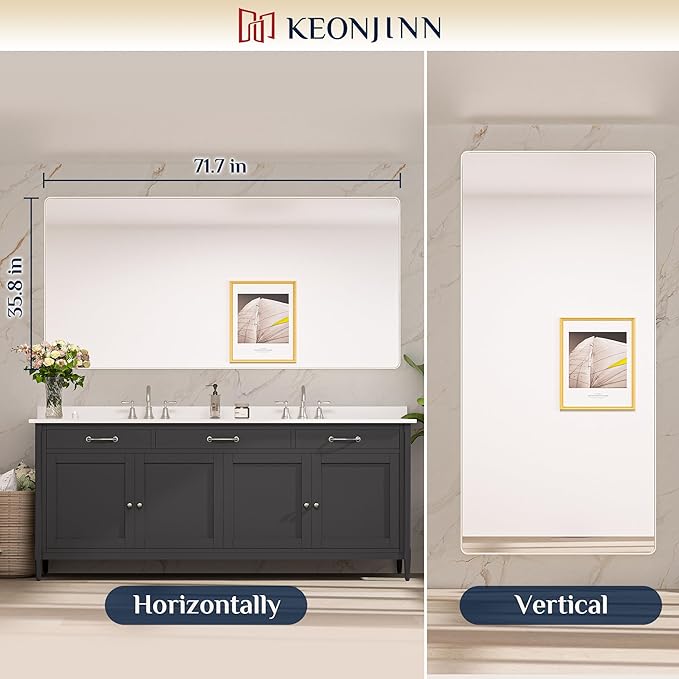 Keonjinn 72 x 36 Brushed Nickel Bathroom Vanity Mirror, Large Rounded Rectangle Bathroom Mirrors for over Sink, Metal Framed Silver Mirror for Wall, Shatterproof HD Tempered Glass(Horizontal/Vertical)