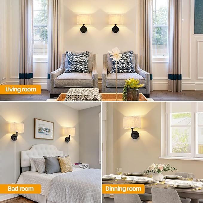 Plug in Wall Sconce with Dimmer Switch and USB Port,9.5“Rectangular Linen Fabric Shade,Bedside Wall Lamp Matte Black Finish,Wall Lamp Perfect for Bedroom, Living Room and Hotel. E26 Base