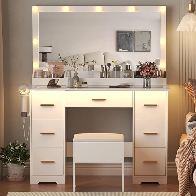 Makeup Vanity Desk with Large Lighted Mirror and Lights, Glass Top Vanity Table Set with 7 Drawers, Power Outlet & Storage Stool, Dressing Table with RGB Ambient Light for Women Girls Bedroom, White