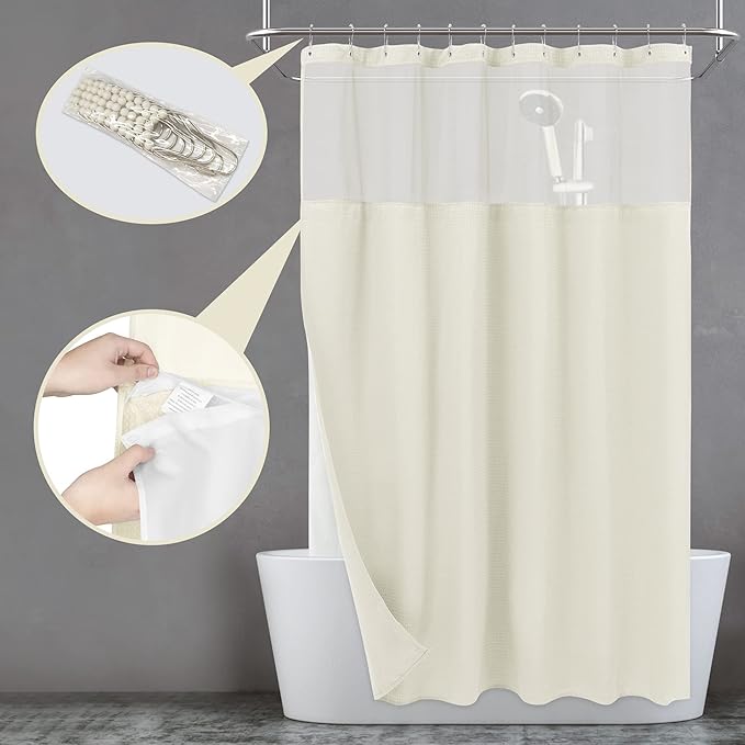 N&Y HOME Extra Long Cream Waffle Weave Shower Curtain with Snap-in Fabric Liner & Hooks Set - 71" x 84", Hotel Style & Mesh Top Window, Machine Washable - 71x84 Inches, Cream