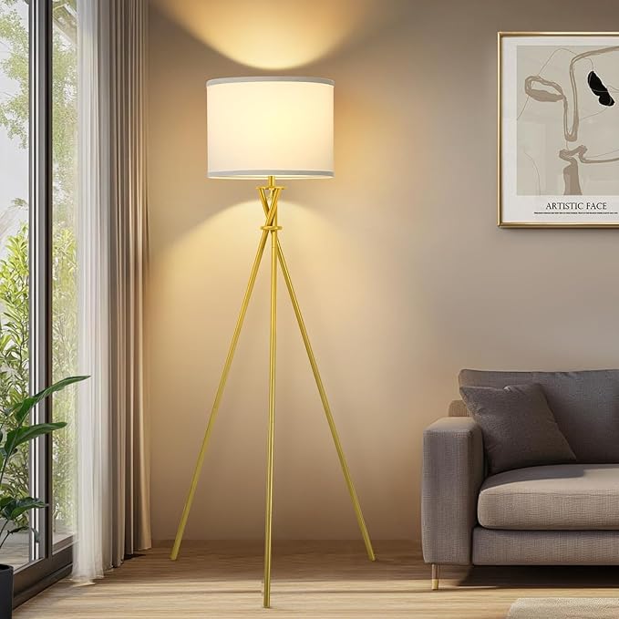 Gold Tripod Floor Lamp, 61”Tall Floor Lamps, Standing Lamp with Rotary Switch, Modern Floor Lamp Simple Design with White Shade, Floor Lamps for Living Room, Bedroom, Office, Without Bulb
