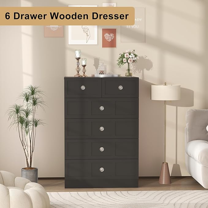 6 Drawer Dresser for Bedroom: 24" Fluted Black Dresser Deep Drawers, Modern Chest of Drawers for Bedroom, Fluted Wood Dressers for Living Room, Hallway
