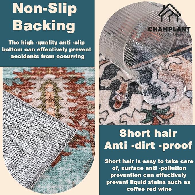 Washable 9'x12' Area Rug Vintage Traditional Distressed Indoor Foldable Thin Retro Accent Floral Non Slip Carpet Living Room Dining Room Office