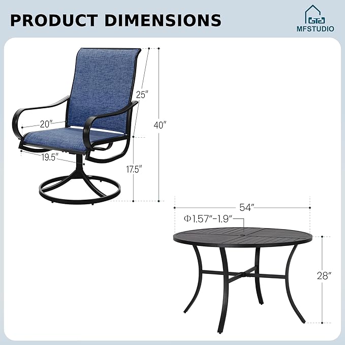 MFSTUDIO Patio Dining Set for 6, Round Patio Table and Chairs Set with Umbrella Hole, 7 Piece Outdoor Patio Furniture Set for Deck, Backyard, Poolside & Garden