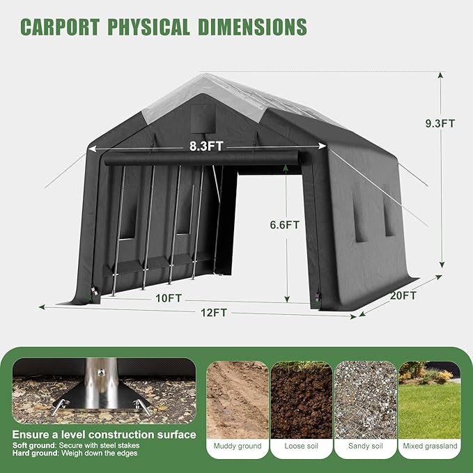Carport Canopy 12x20FT Heavy Duty with Translucent Roof - Skyview Portable Garage with Reinforced Metal Frame, Zipper Doors, All-Weather Resistant,Waterproof Outdoor Storage Shelter for Cars/RV/ATV