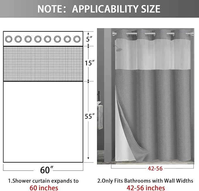 YellyHommy Stall No Hook Shower Curtain with Snap in Fabric Liner Set Less Time Grey Waffle Shower Curtain for Bathroom 75" L x 60" W
