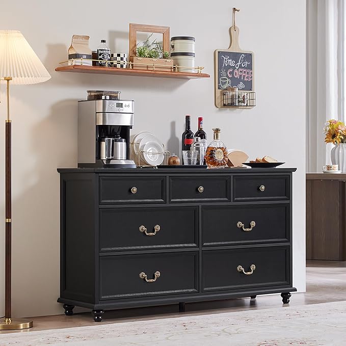 Farmhouse 54" 7 Drawers Dresser for Bedroom, Wide Chest of Drawers w/ 4 Wooden Legs, Vintage Large Closet Storage Dressers Organizer for Hallway, Wood Rustic TV Stand for Living Room, Black