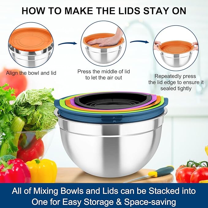 TeamFar Mixing Bowls with Lids, 5PCS Stainless Steel Metal Salad Bowl with 3 Grater Attachments, for Cooking, Prepping, Serving, Healthy, Airtight Lids & Easy Clean - 0.7/1 / 1.5/2.6/4.6QT