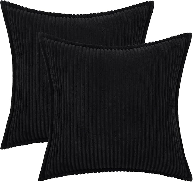 Mecatny Corduroy Throw Pillow Covers 22x22 Set of 2, Neutral Decorative Soft Boho Couch Pillow Covers with Broadside for Sofa Living Room, Black